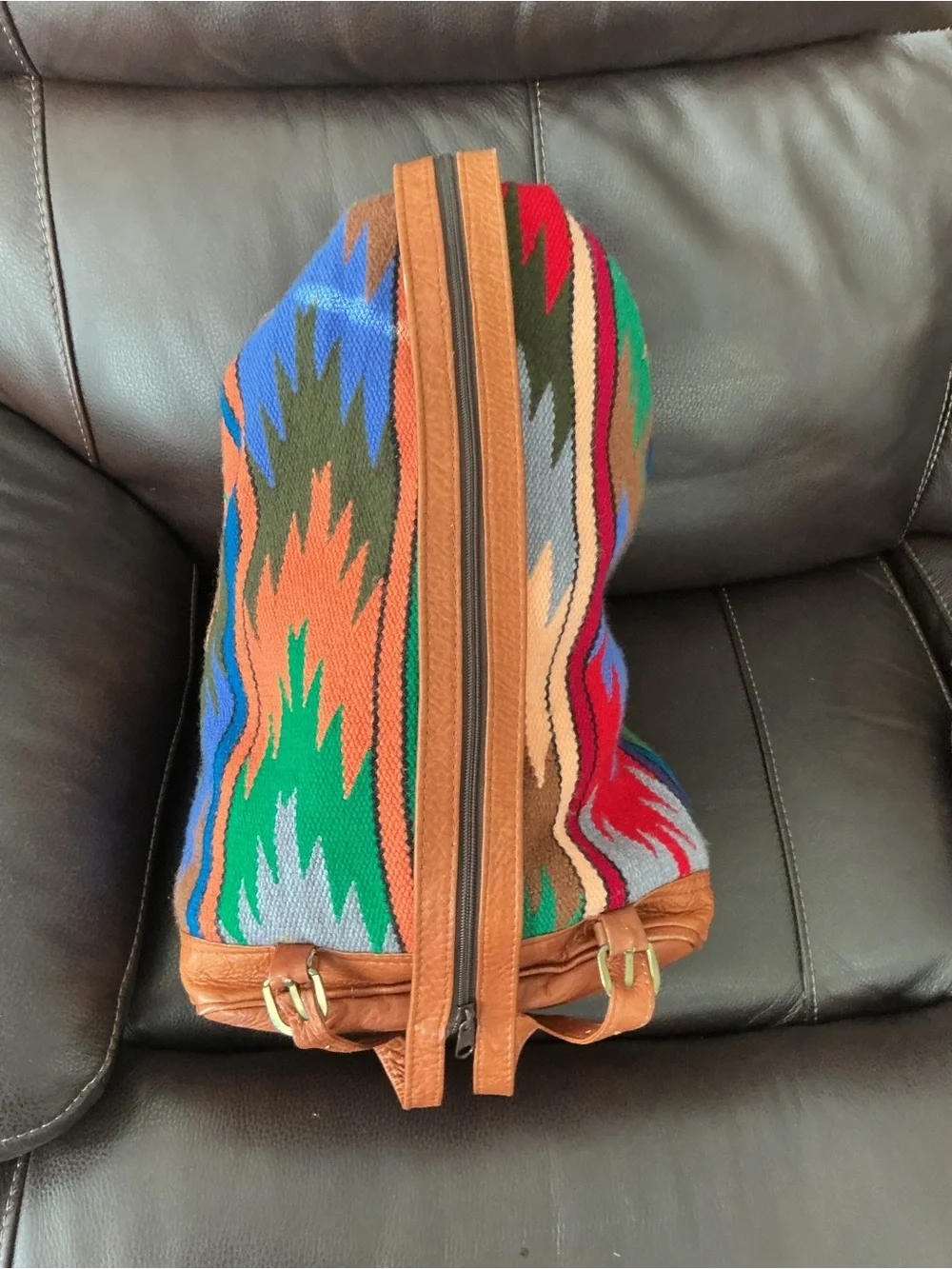 Kilim Style Southwestern Woven Backpack Sling Bag with Tan Leather Trim